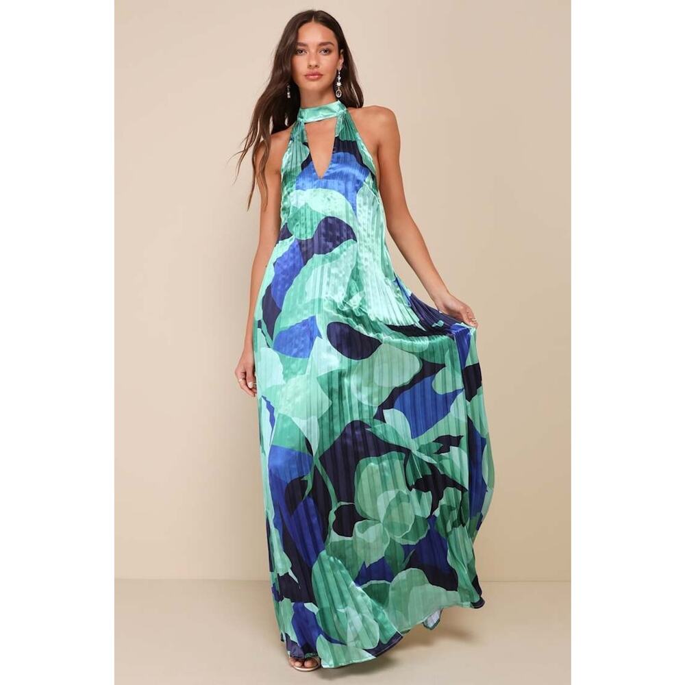 Lulus Prime Poise Green and Blue Abstract Satin Halter Maxi Dress Size Small NWT